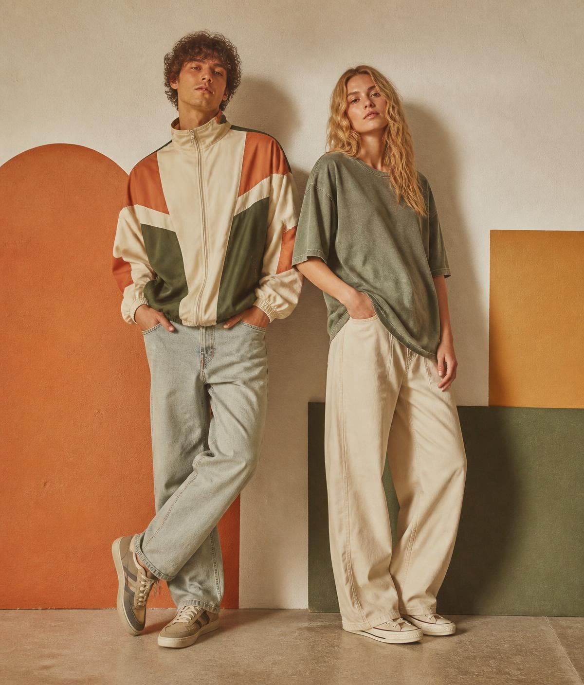 Models wearing colorful vintage clothing